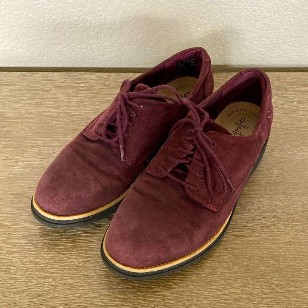 Clarks Collection Suede Lace-Up Burgundy Maroon Red Oxford Shoes 7.5